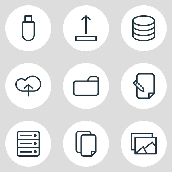 Ilustração vetorial de 9 ícones de armazenamento. Pacote editável de banco de dados, Datacenter, documentos e outros elementos . — Vetor de Stock