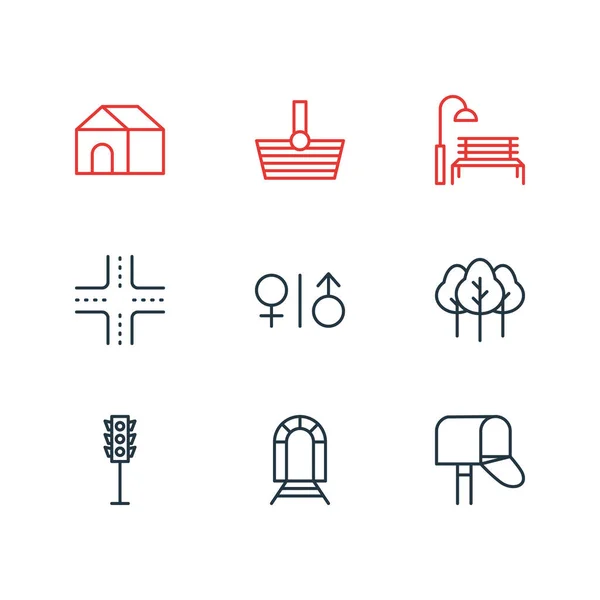 Vektorové ilustrace 9 městských ikon. Upravitelné Pack lavice, domova, semafor a dalších prvků. — Stockový vektor