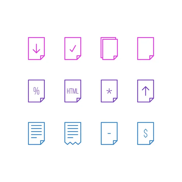 Ilustración vectorial de 12 iconos de documentos. Paquete editable de dólar, carpeta, hecho y otros elementos . — Vector de stock