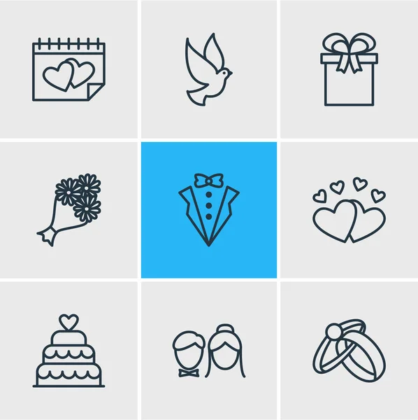 Ilustración vectorial de 9 iconos de compromiso. Pack Editable de Vestido de Novio, Paloma, Pareja y Otros Elementos . — Archivo Imágenes Vectoriales