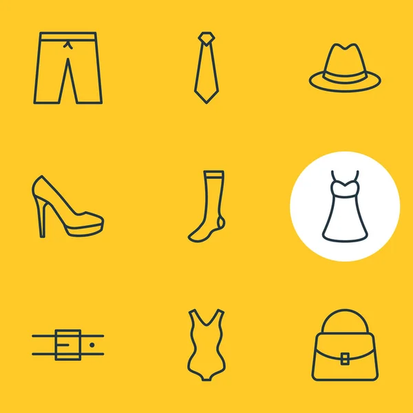 Illustration vectorielle de 9 icônes de vêtements. Pack modifiable de Fedora, maillots de bain, robe de soirée et autres éléments . — Image vectorielle