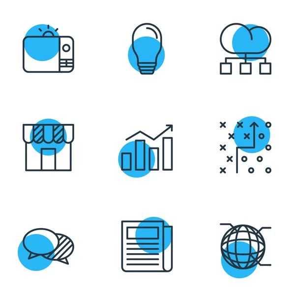 Ilustracja wektorowa 9 ikon reklamy. Można edytować pakiet telewizji, dyskusji, Cloud dystrybucji i inne elementy. — Wektor stockowy