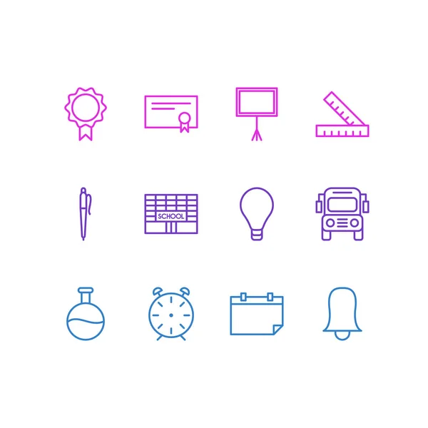 Ilustración vectorial de 12 iconos de la educación. Paquete editable de bulbo, tabla de escritura, lápiz y otros elementos . — Vector de stock