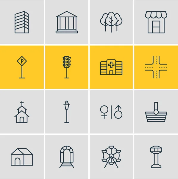 Illustrazione vettoriale di 16 icone dell'infrastruttura. Pacchetto modificabile di tenda, lampione, intersezione e altri elementi . — Vettoriale Stock