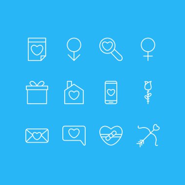 12 aşk simgeler vektör Illustration. Smartphone, bugünü, kadın ve diğer öğeleri düzenlenebilir sürüsü.