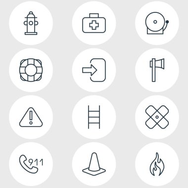 12 acil simgeler vektör Illustration. Yardım hattı, merdiven, yanık ve diğer öğeleri düzenlenebilir paketi.