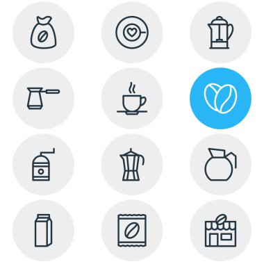 12 kahve simgeler vektör Illustration. Paket Latte, kağıt kutusu, tohum ve diğer öğeleri düzenlenebilir sürüsü.