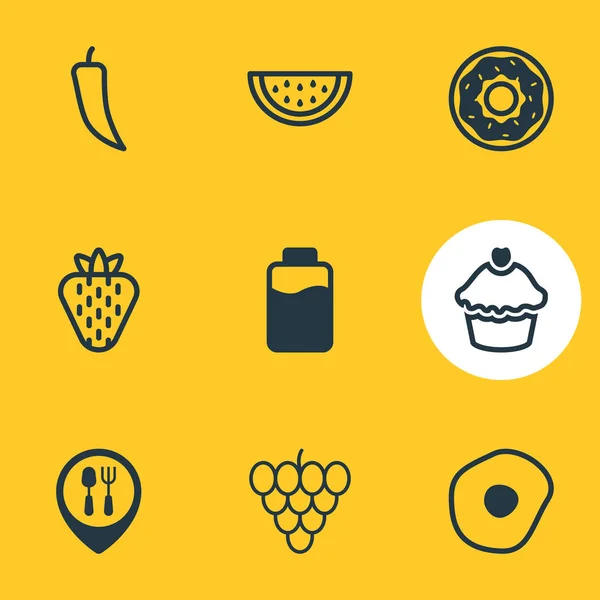 Ilustración vectorial de 9 iconos de la comida. Paquete editable de pastel, chile, racimo de uvas y otros elementos . — Archivo Imágenes Vectoriales