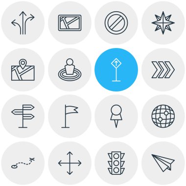 16 yerde simgeler vektör Illustration. Origami, yön tabelası, harita ve diğer öğeleri düzenlenebilir paketi.