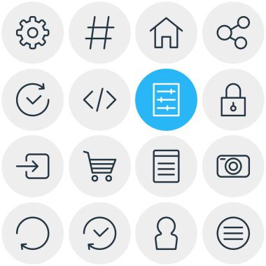 16 ek simgeler vektör Illustration. Komut dosyası, konu, fotoğraf cihazları ve diğer öğeleri düzenlenebilir paketi.