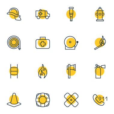 16 çok simgeler vektör Illustration. Kask, Ax, emniyet ve diğer öğeleri düzenlenebilir sürüsü.