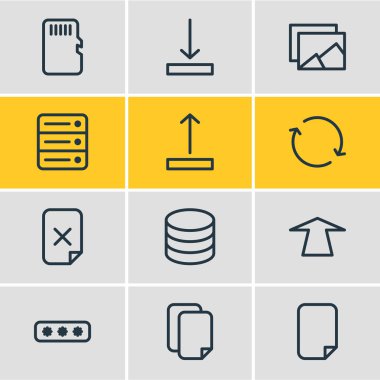 12 Arşiv simgeler vektör Illustration. Yukarı doğru düzenlenebilir paket, Datacenter, veritabanı ve diğer öğeleri.
