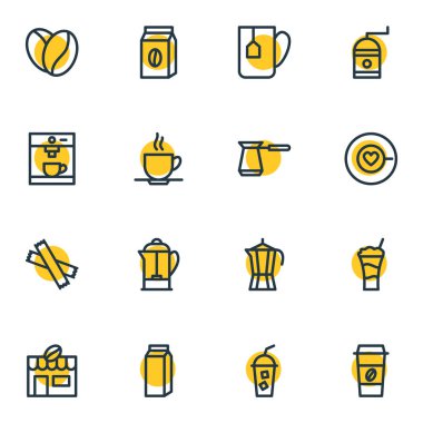16 kahve simgeler vektör Illustration. Düzenlenebilir paket kahve makinesi, Kupası, tatlandırıcı ve diğer öğeleri.
