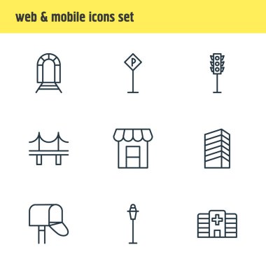 9 şehir simgeler vektör Illustration. Semafor, Golden Gate, yol işaret ve diğer öğeleri düzenlenebilir paketi.