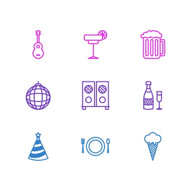 9 parti simgeler vektör Illustration. Hoparlör, Fizz, Draft ve diğer öğeleri düzenlenebilir paketi.