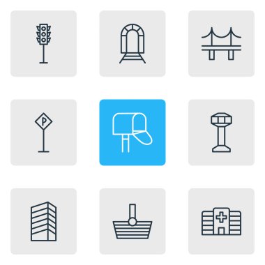 9 simgeler vektör Illustration. Metro, yol işareti, sepet ve diğer öğeleri düzenlenebilir sürüsü.