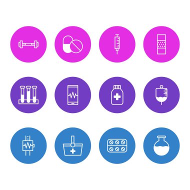 12 tıp simgeler vektör Illustration. Phone Monitor, tıp kavanoz, sepet ve diğer öğeleri düzenlenebilir paketi.