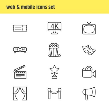 12 Film simgeler vektör Illustration. Çözünürlük, tiyatro, ödül ve diğer öğeleri düzenlenebilir paketi.