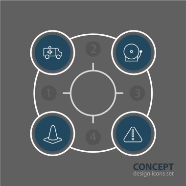 4 zorunluluk simgeler vektör Illustration. İlk yardım, konik, ünlem işareti ve diğer öğeleri düzenlenebilir paketi.