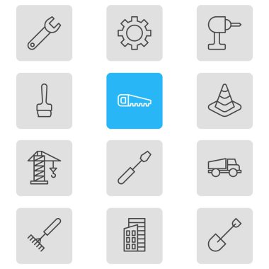 12 yapısını simgeler vektör Illustration. Düzenlenebilir paket kaldırma, elektrikli testere, tornavida ve diğer öğeleri.