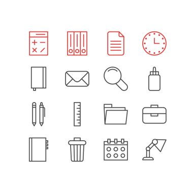 16 araçlar simgeler vektör Illustration. Düzenlenebilir paket metre, Çöp konteyner, yapıştırıcı ve diğer öğeleri.