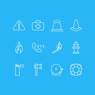12 zorunluluk simgeler vektör Illustration. Siren, ünlem, Ax ve diğer öğeleri düzenlenebilir paketi.
