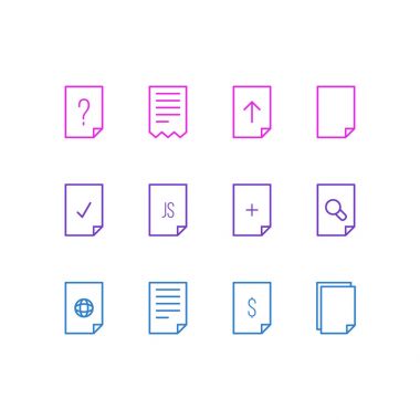 12 sayfa simgeler vektör Illustration. Soru, dolar, dosya ve diğer öğeleri düzenlenebilir sürüsü.