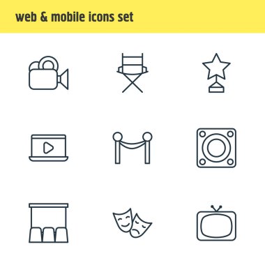 9 Sinema simgeler vektör Illustration. Kamera, ödül, Hall ve diğer öğeleri düzenlenebilir paketi.