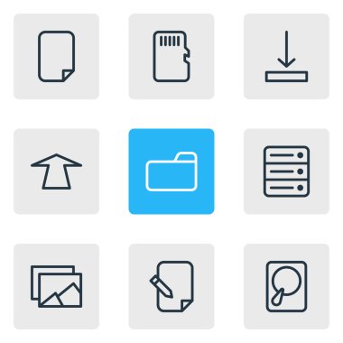 9 Arşiv simgeler vektör Illustration. Bellek, dosya, dosya ve diğer öğeleri düzenlenebilir paketi.