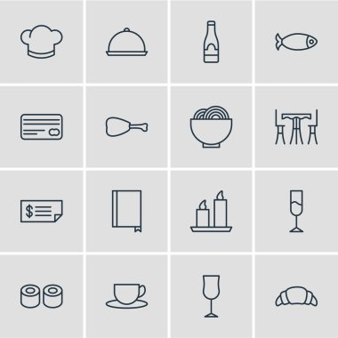 16 Cafe simgeler vektör Illustration. Kartı, yangın balmumu, alkol ve diğer öğeleri düzenlenebilir paketi.