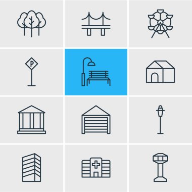 12 şehir simgeler vektör Illustration. Klinik, Golden Gate, ev ve diğer öğeleri düzenlenebilir paketi.