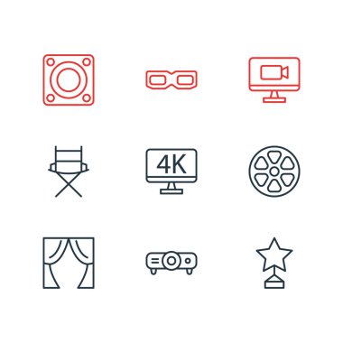 9 Film simgeler vektör Illustration. Film makaraları, slayt gösterisi, hoparlör ve diğer öğeleri düzenlenebilir sürüsü.