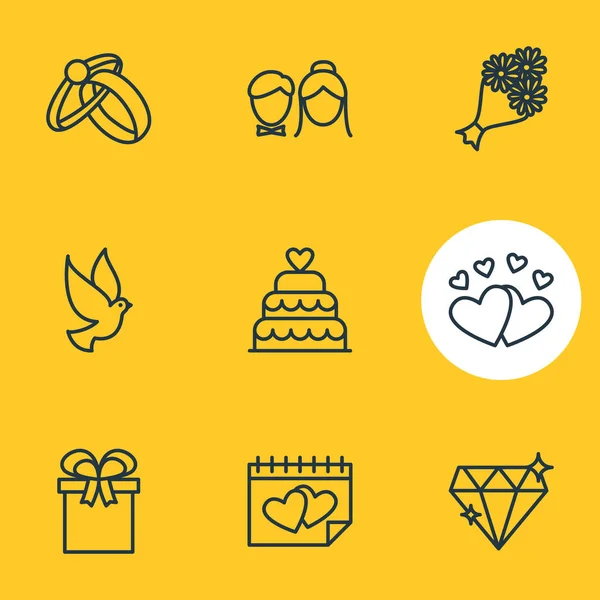 Ilustración vectorial de 9 iconos de boda. Paquete editable de calendario, compromiso, paloma y otros elementos . — Archivo Imágenes Vectoriales