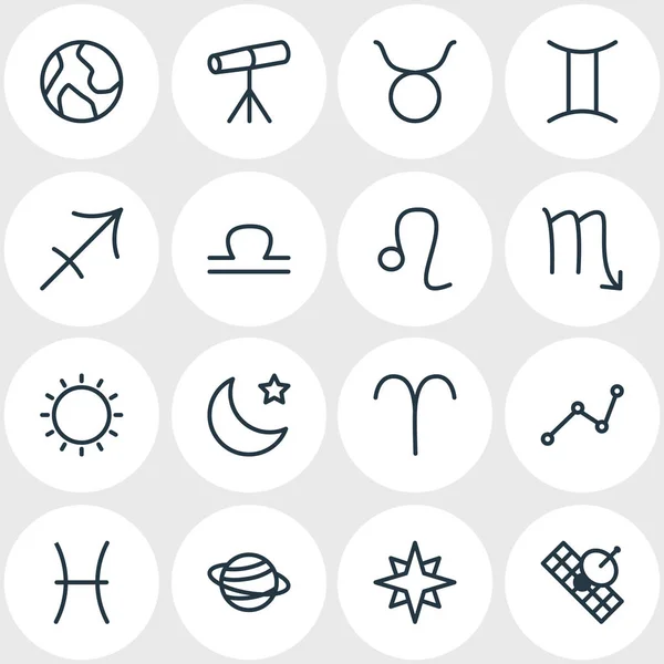 Vektorové ilustrace 16 astrologie ikon. Upravitelné Pack dvojčat, Sunny, Ram a další prvky. — Stockový vektor