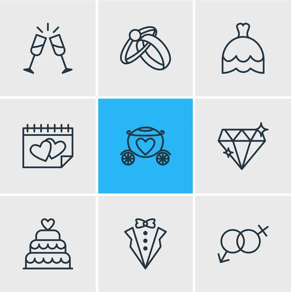 Ilustración vectorial de 9 iconos del matrimonio. Paquete editable de vestido de novio, símbolo de la sexualidad, brillante y otros elementos . — Archivo Imágenes Vectoriales