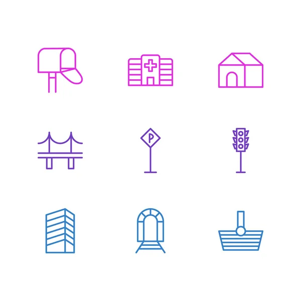 Vektorové ilustrace 9 veřejných ikon. Upravitelné Pack domova, Golden Gate, poštovní schránky a dalších prvků. — Stockový vektor