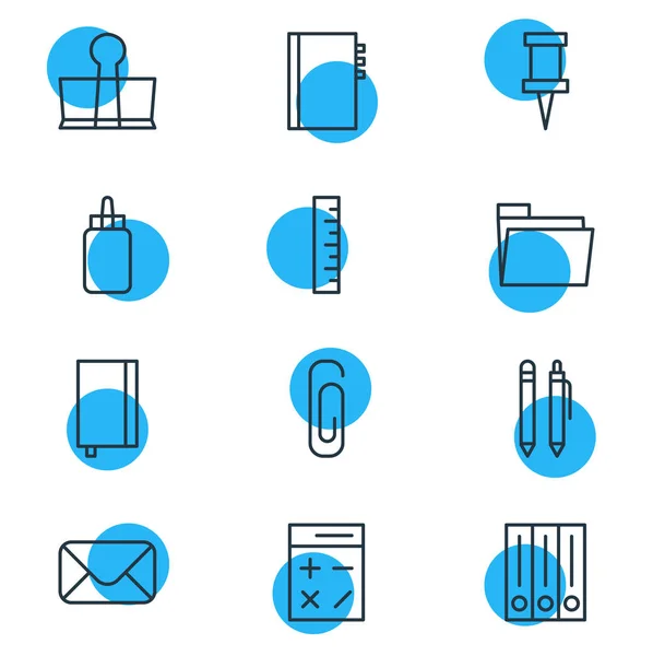 Векторна ілюстрація з 12 значків інструментів. Відредагований пакет архіву, вимірювача, ковзання зв'язку та інших елементів . — стоковий вектор