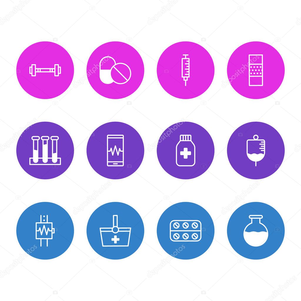 Vector Illustration Of 12 Medicine Icons. Editable Pack Of Phone Monitor, Medicine Jar, Basket And Other Elements.