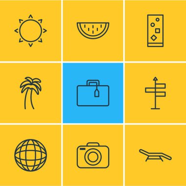 9 yaz simgeler vektör Illustration. Kavun, ada, Longue öğelerin düzenlenebilir paketi.