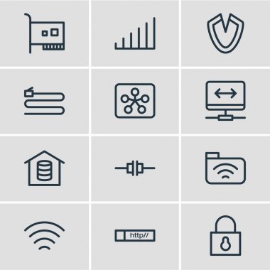 12 ağ simgeler vektör Illustration. Kartı, Tel, arşiv ve diğer öğeleri düzenlenebilir paketi.