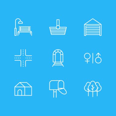 9 şehir simgeler vektör Illustration. Park, orman, metro ve diğer öğeleri düzenlenebilir sürüsü.