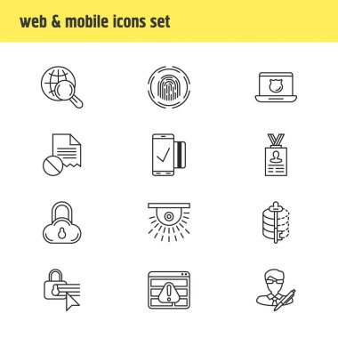 12 gizlilik simgeler vektör Illustration. Kodlayıcı, kamera, veri güvenliği ve diğer öğeleri düzenlenebilir paketi.