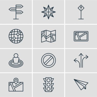 12 yerde simgeler vektör Illustration. Düzenlenebilir paket kağıt coğrafya, harita, Origami ve diğer öğeleri.