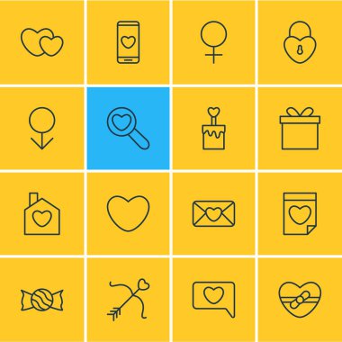 16 Amour simgeler vektör Illustration. Davet, bugünü, kadın ve diğer öğeleri düzenlenebilir sürüsü.