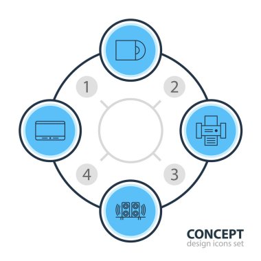 4 donanım simgeler vektör Illustration. Hoparlör, Dvd sürücü, monitör ve diğer öğeleri düzenlenebilir sürüsü.