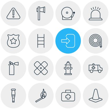 16 zorunluluk simgeler vektör Illustration. Alarm, yapıştırıcı, merdiven ve diğer öğeleri düzenlenebilir paketi.