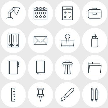 16 aletleri simgeler vektör Illustration. Boya, ders kitabı, ciltçi klibini ve diğer öğeleri düzenlenebilir paketi.