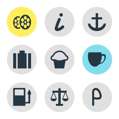 9 harita simgeler vektör Illustration. Film, pasta, otopark ve diğer öğeleri düzenlenebilir paketi.