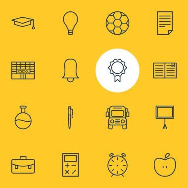 16 çalışmalar simgeler vektör Illustration. Futbol, meyve, ampul ve diğer öğeleri düzenlenebilir paketi.