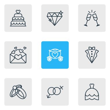 9 nişan simgeler vektör Illustration. Gelinlik, savaş arabası, pastane ve diğer öğeleri düzenlenebilir paketi.